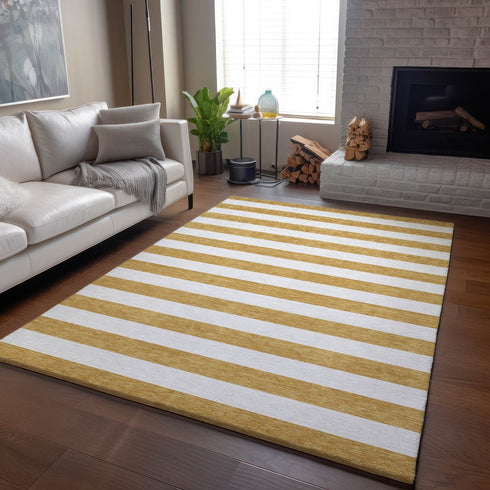 8' X 10' Gold And Ivory Striped Washable Area Rug With UV Protection