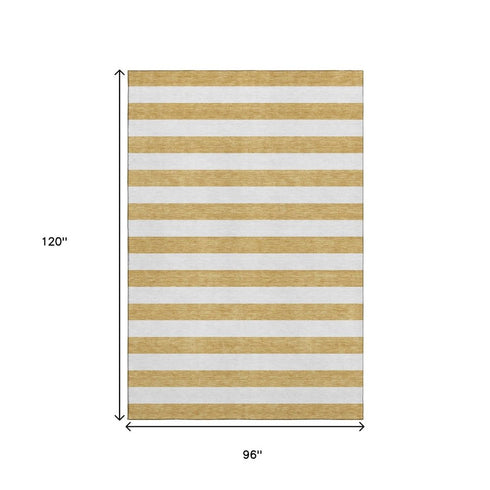 8' X 10' Gold And Ivory Striped Washable Area Rug With UV Protection