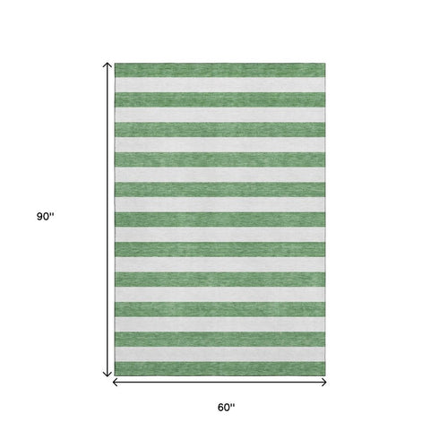 5' X 8' Green And Ivory Striped Washable Area Rug With UV Protection