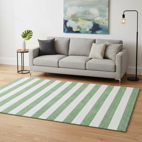 5' X 8' Green And Ivory Striped Washable Area Rug With UV Protection