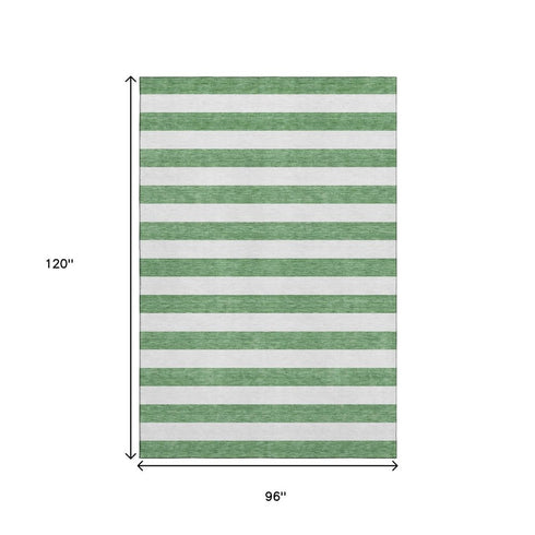 8' X 10' Green And Ivory Striped Washable Area Rug With UV Protection