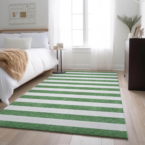 8' X 10' Green And Ivory Striped Washable Area Rug With UV Protection