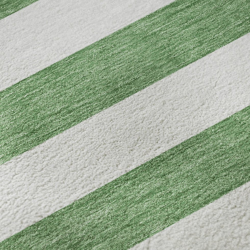 8' X 10' Green And Ivory Striped Washable Area Rug With UV Protection