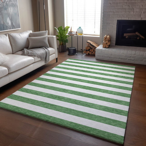 8' X 10' Green And Ivory Striped Washable Area Rug With UV Protection