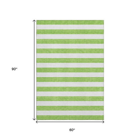 5' X 8' Lime Green And Ivory Striped Washable Area Rug With UV Protection