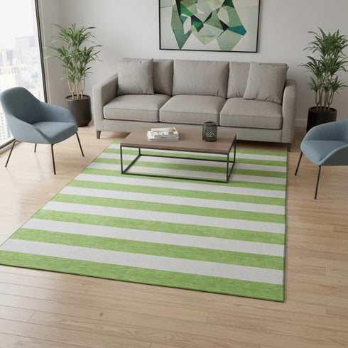 5' X 8' Lime Green And Ivory Striped Washable Area Rug With UV Protection