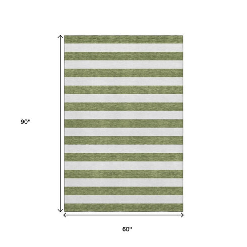 5' X 8' Olive Green And Ivory Striped Washable Area Rug With UV Protection
