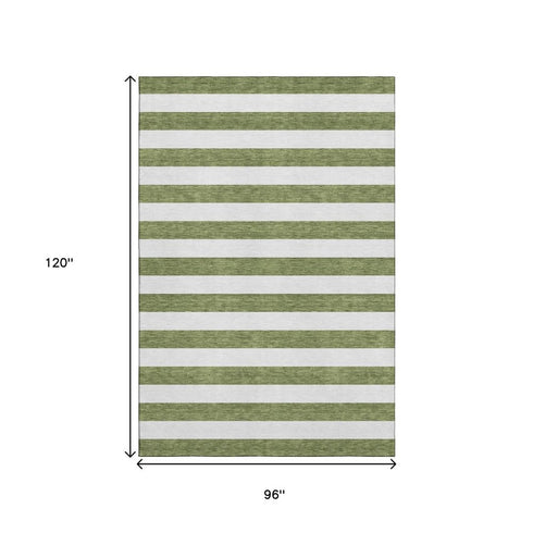 8' X 10' Olive Green And Ivory Striped Washable Area Rug With UV Protection