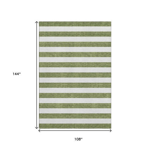 9' X 12' Olive Green And Ivory Striped Washable Area Rug With UV Protection