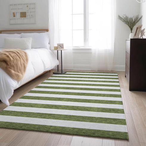 9' X 12' Olive Green And Ivory Striped Washable Area Rug With UV Protection
