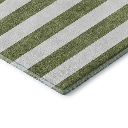 9' X 12' Olive Green And Ivory Striped Washable Area Rug With UV Protection