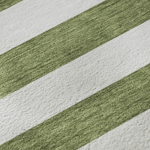 9' X 12' Olive Green And Ivory Striped Washable Area Rug With UV Protection