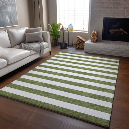 9' X 12' Olive Green And Ivory Striped Washable Area Rug With UV Protection