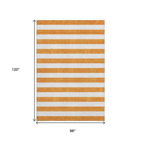 8' X 10' Orange And Ivory Striped Washable Area Rug With UV Protection