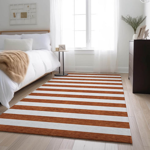 9' X 12' Rust And Ivory Striped Washable Area Rug With UV Protection