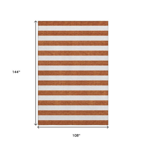 9' X 12' Rust And Ivory Striped Washable Area Rug With UV Protection