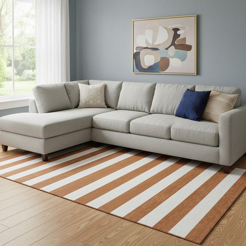 9' X 12' Rust And Ivory Striped Washable Area Rug With UV Protection