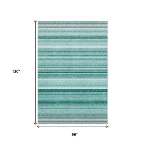 8' X 10' Aqua And Ivory Striped Washable Area Rug With UV Protection