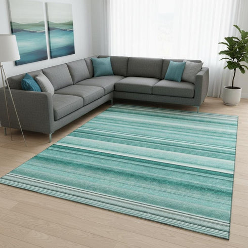 8' X 10' Aqua And Ivory Striped Washable Area Rug With UV Protection