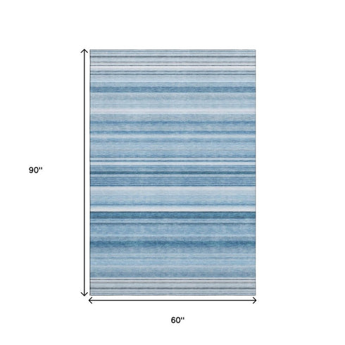 5' X 8' Blue And Ivory Striped Washable Area Rug With UV Protection