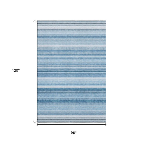 8' X 10' Blue And Ivory Striped Washable Area Rug With UV Protection
