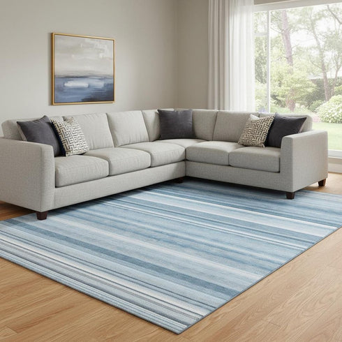 8' X 10' Blue And Ivory Striped Washable Area Rug With UV Protection