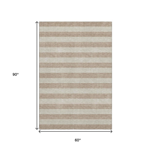 5' X 8' Beige And Taupe Striped Washable Area Rug With UV Protection
