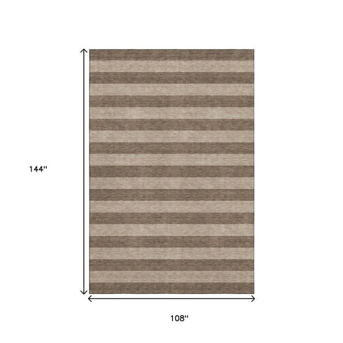 9' X 12' Coffee And Beige Striped Washable Area Rug With UV Protection