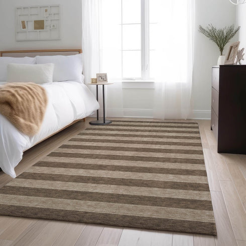 9' X 12' Coffee And Beige Striped Washable Area Rug With UV Protection