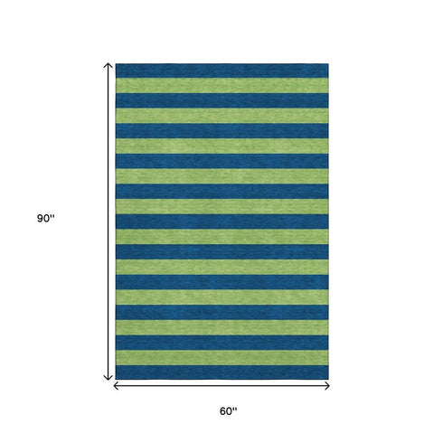 5' X 8' Navy Blue And Green Striped Washable Area Rug With UV Protection