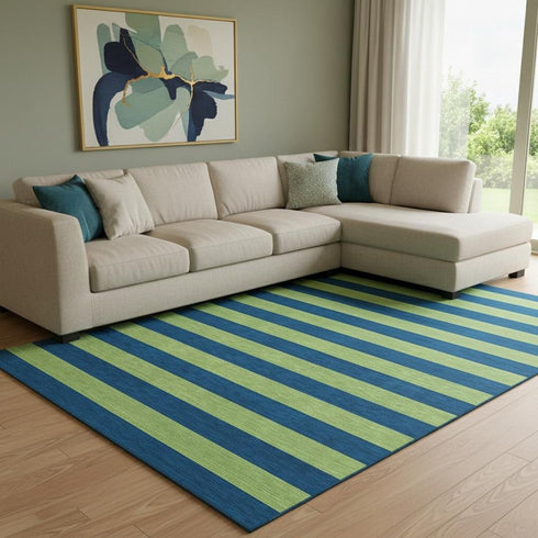 9' X 12' Navy Blue And Green Striped Washable Area Rug With UV Protection