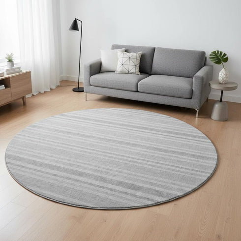 8' Silver And Gray Striped Washable Round Rug With UV Protection