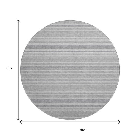 8' Silver And Gray Striped Washable Round Rug With UV Protection