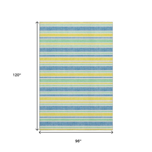 8' X 10' Yellow And Blue Striped Washable Area Rug With UV Protection
