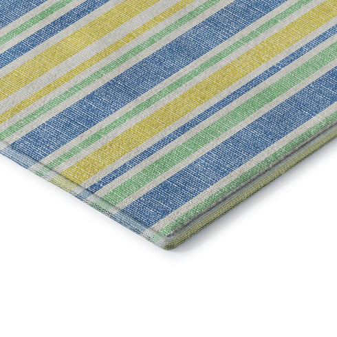 8' X 10' Yellow And Blue Striped Washable Area Rug With UV Protection