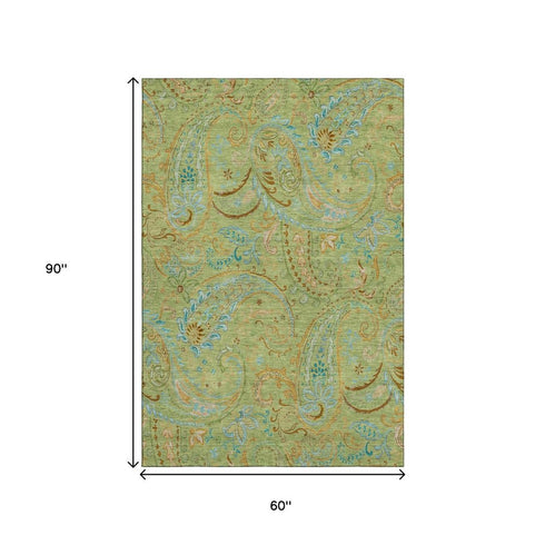 9' X 12' Fern Green And Blue Paisley Washable Area Rug With UV Protection