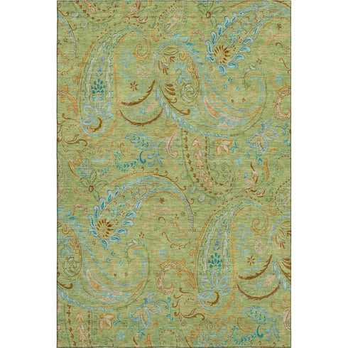 9' X 12' Fern Green And Blue Paisley Washable Area Rug With UV Protection