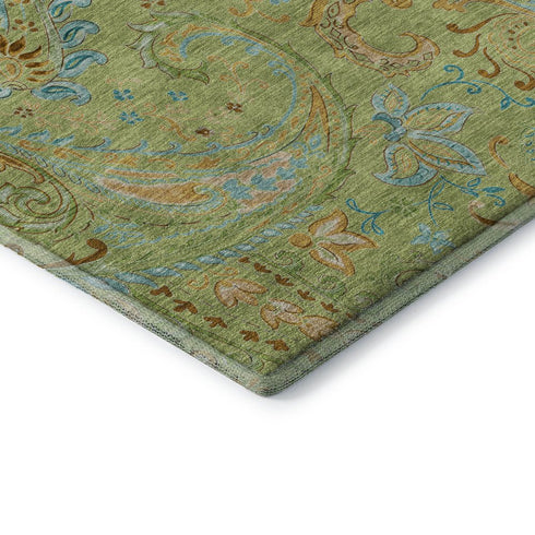 9' X 12' Fern Green And Blue Paisley Washable Area Rug With UV Protection