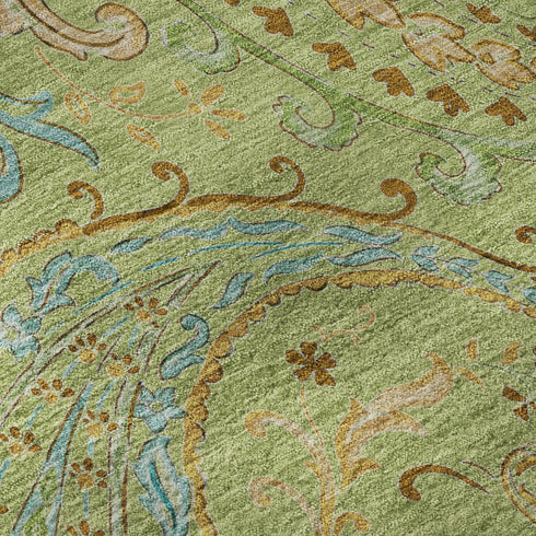 9' X 12' Fern Green And Blue Paisley Washable Area Rug With UV Protection
