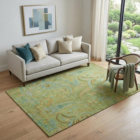 9' X 12' Fern Green And Blue Paisley Washable Area Rug With UV Protection