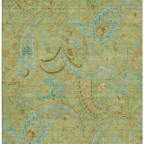 9' X 12' Fern Green And Blue Paisley Washable Area Rug With UV Protection