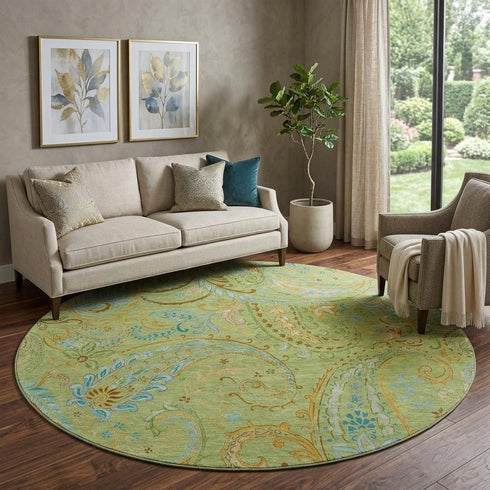 9' X 12' Fern Green And Blue Paisley Washable Area Rug With UV Protection