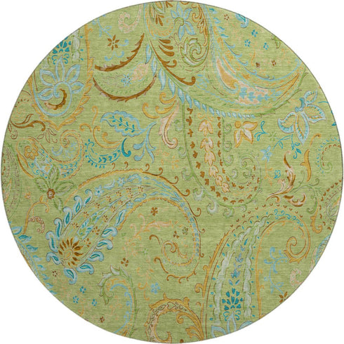 9' X 12' Fern Green And Blue Paisley Washable Area Rug With UV Protection