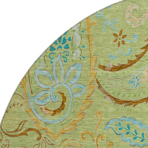 9' X 12' Fern Green And Blue Paisley Washable Area Rug With UV Protection