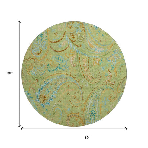 9' X 12' Fern Green And Blue Paisley Washable Area Rug With UV Protection