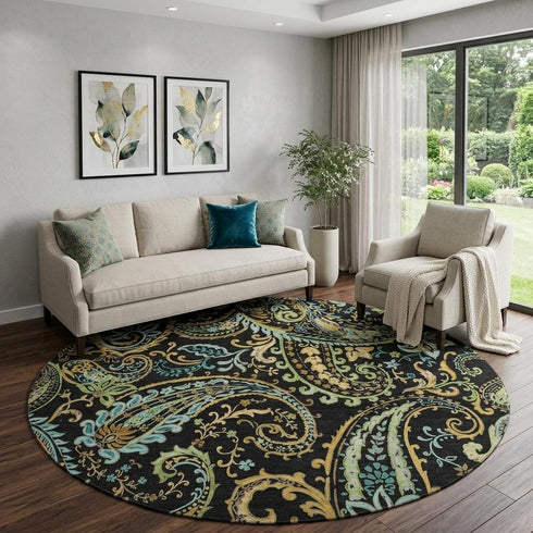 9' X 12' Black Blue And Green Paisley Washable Area Rug With UV Protection