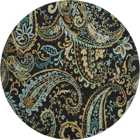 9' X 12' Black Blue And Green Paisley Washable Area Rug With UV Protection