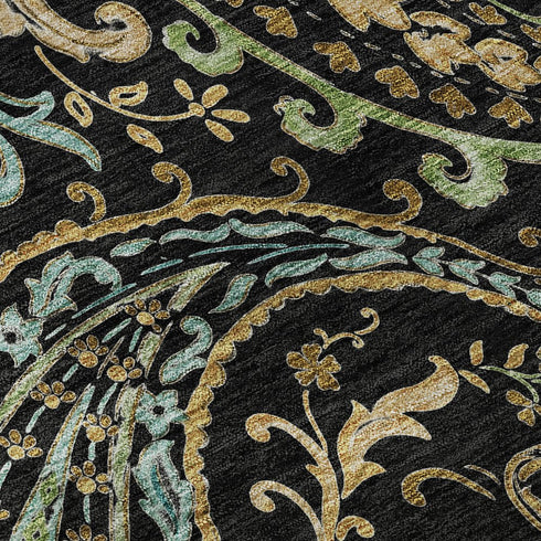 9' X 12' Black Blue And Green Paisley Washable Area Rug With UV Protection