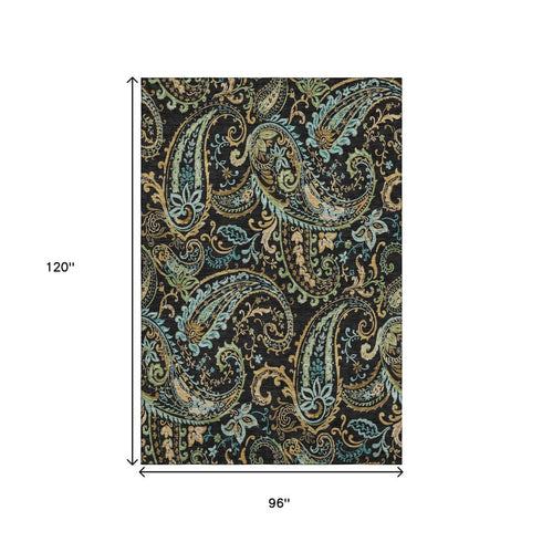 9' X 12' Black Blue And Green Paisley Washable Area Rug With UV Protection