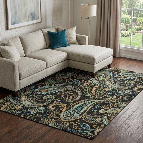9' X 12' Black Blue And Green Paisley Washable Area Rug With UV Protection